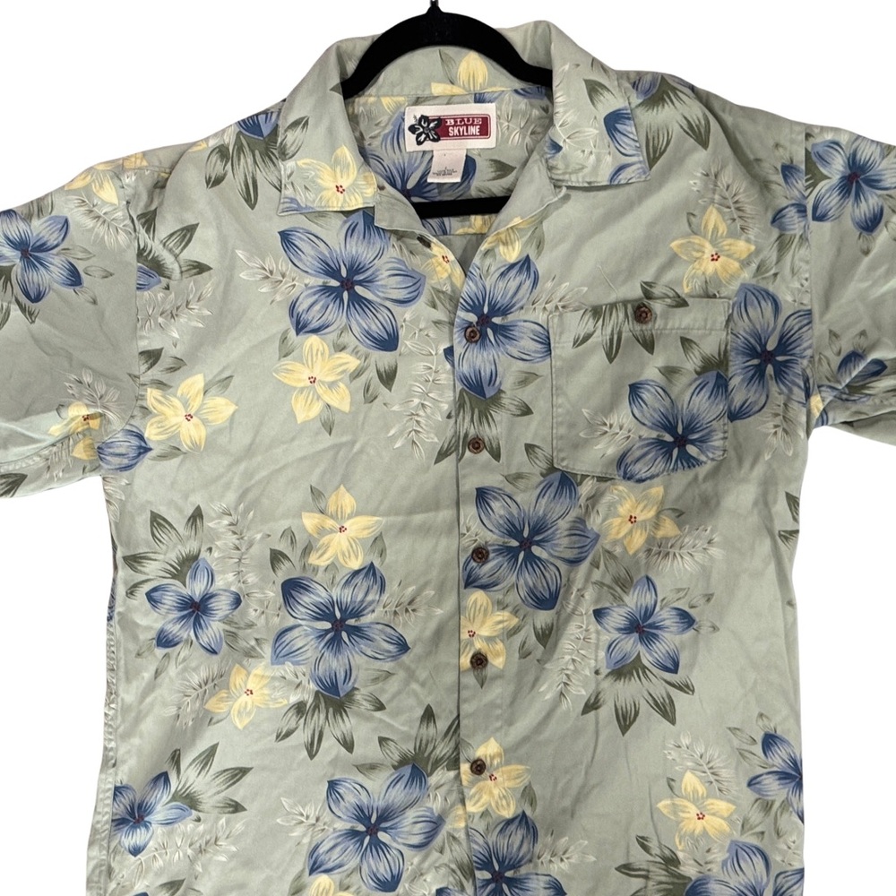Blue Sky Floral Silk Hawaiian Shirt - Light Sage, Blue & Yellow